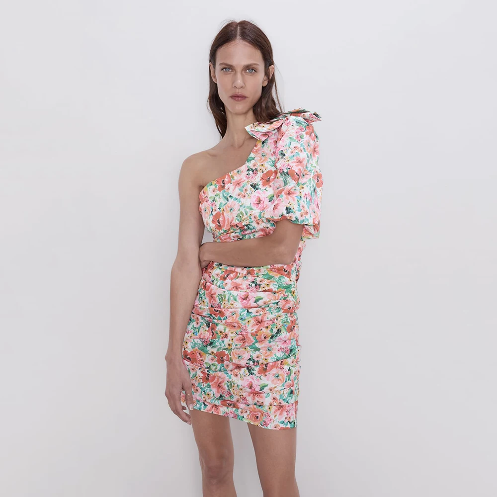 Новинка ZA асимметричное Короткое женское платье с воротником 2019 модный принт