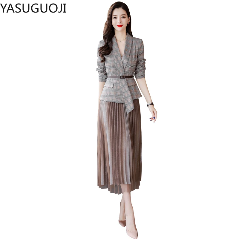 YASUGUOJI офисный Женский Повседневный клетчатый блейзер + женский костюм