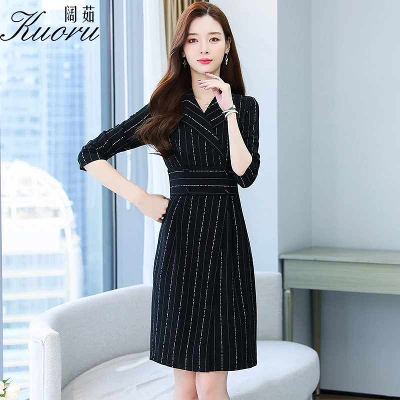 

Женское Деловое платье в полоску, черное модное облегающее офисное профессиональное платье средней длины с длинным рукавом, повседневные п...