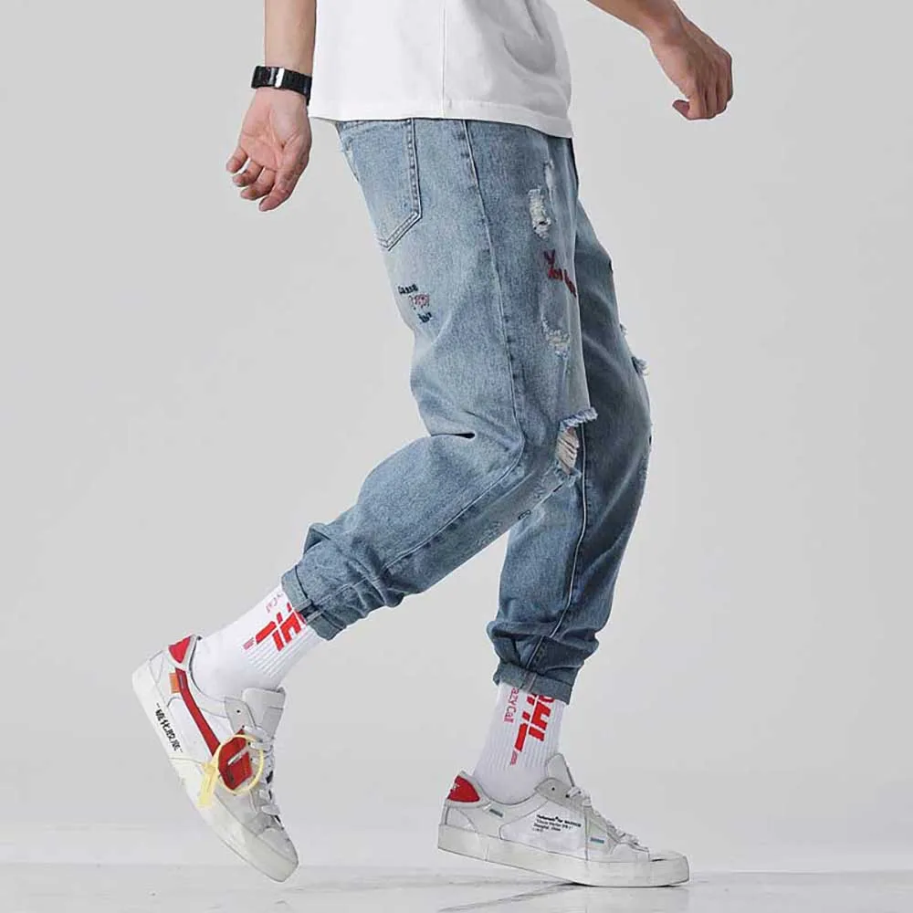 Хип хоп рваные джинсы Мужская брендовая винтажная одежда шаровары Свободные