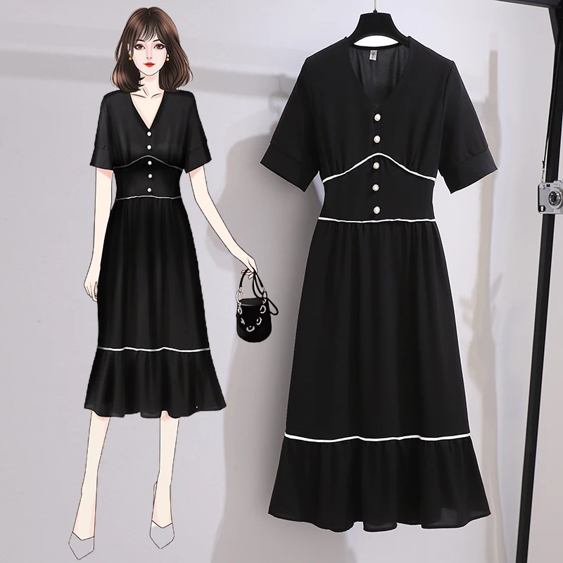 

4XL Plus Size Women Black Elegant Mermaid Dress Summer 2021 Fashion V-neck Short Sleeve Elastic Waist Ladies Chiffon Dresses