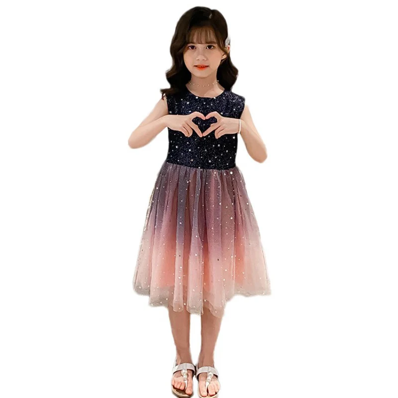 

Starry Sky Flower Girl Dress Sleeveless Ball Gown Sequins Star Performance Evening Dress Kids Clothes 3-13Y