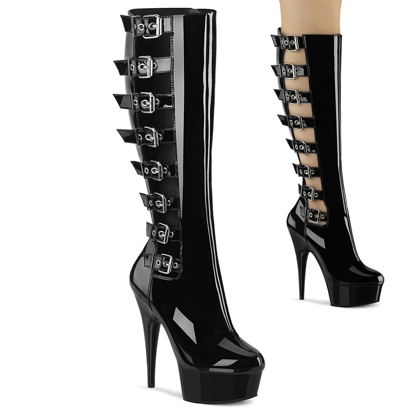 

15CM Super High heeled shoes Hollow Thin heels Mid calf Thick platform Trend paint 6 inches Belt buckle Nightclub Pole dancing