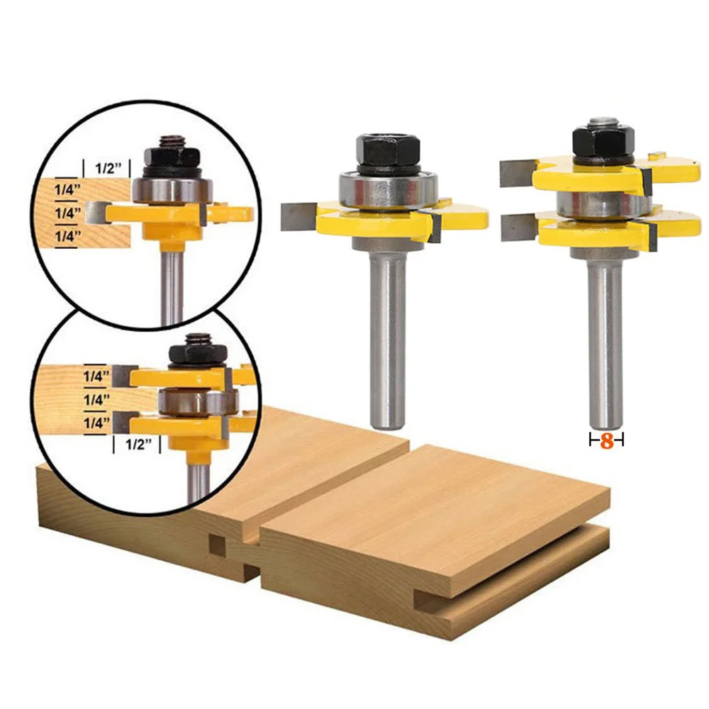 

8mm Shank Tongue & Grooves Joint Assembly Router Bit Set 3/4 Inch Stock Wood Cutting Tool T Slot 3 Teeth Milling Cutter