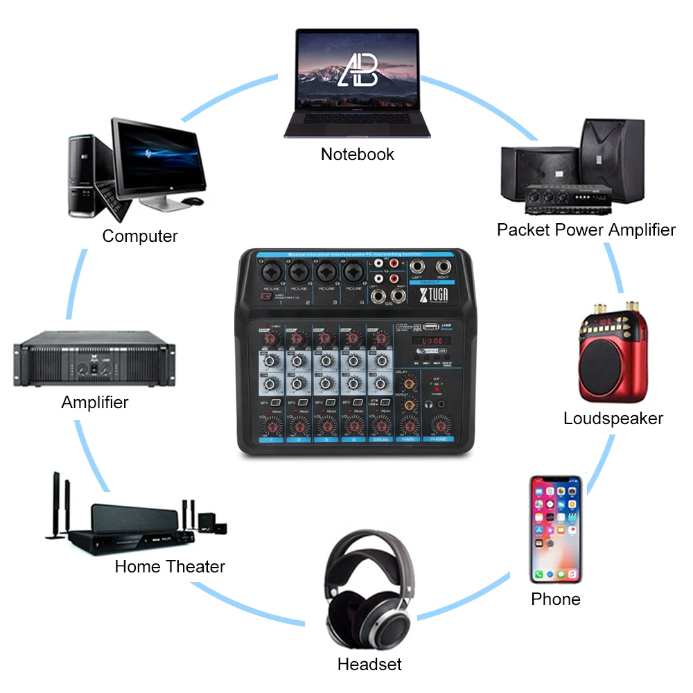 Мини микшер XTUGA AM4/AM6 DJ консоль со звуковой картой Bluetooth USB фантомным питанием 48 В