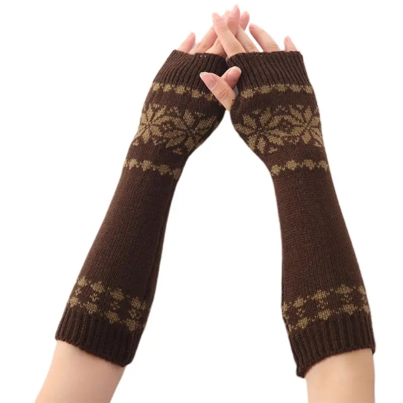 

Women Men Unisex Snowflake Pattern Jacquard Fingerless Gloves Winter Crochet Knit Arm Warmers Mittens with Thumbhole Gift