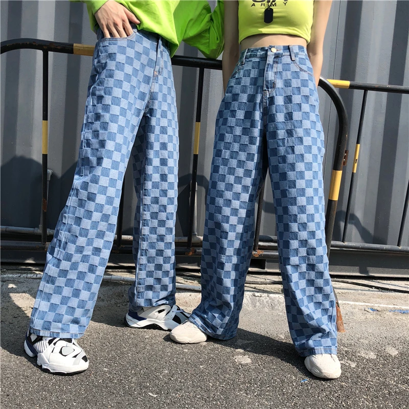 

Trendy Harajuku Straight Jeans High Waist Plaid Pattern Casual Wild Fitting Outwear Fashion Hipster Blue Cargo Pants Streetwear