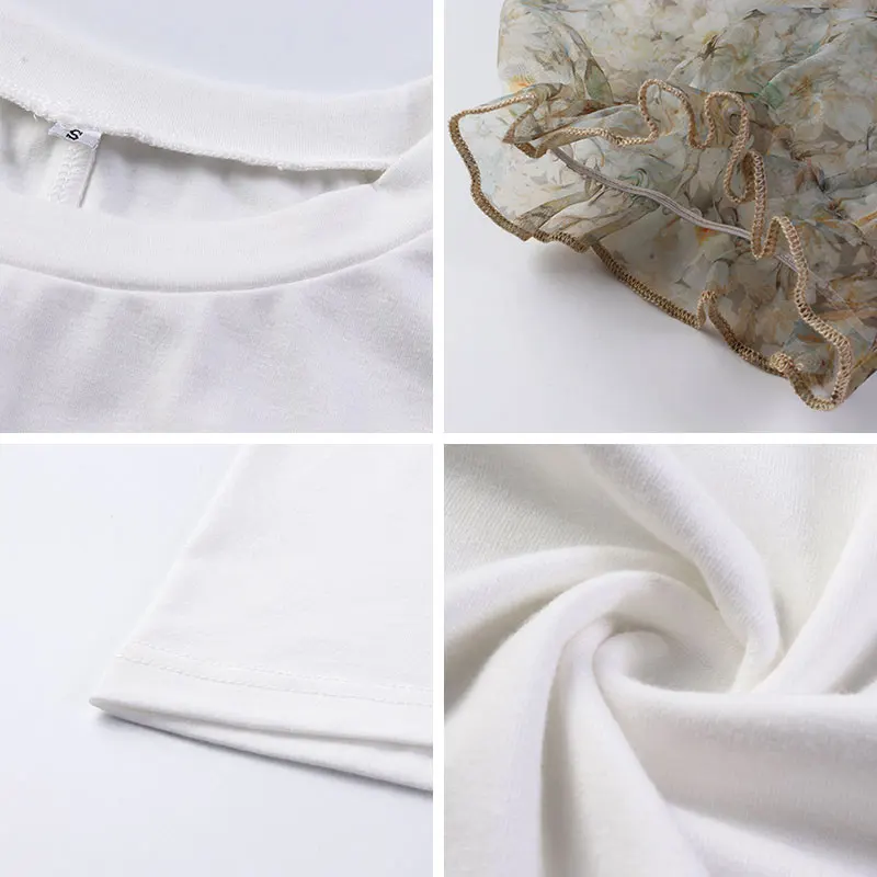 

Summer Mesh Print Puff Sleeve T Shirt Women Solid O-neck Casual Patchwork T Shirt Top Cotton