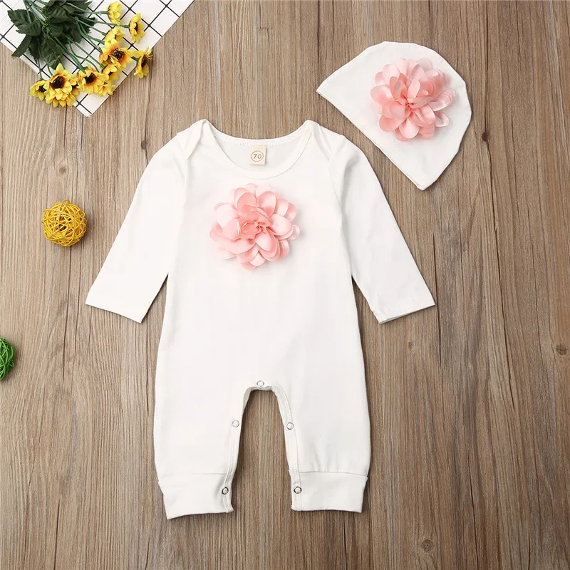 2PCS Newborn Baby Girl Clothes 3D Flower Long Sleeve Romper Jumpsuit Hat Autumn Outfit Set | Мать и ребенок