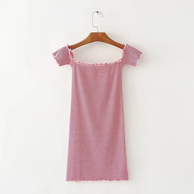 

Women Dress 2021 Summer Sexy Slash Neck Bodycon Striped Knitted Party Dress Short Sleeve Ruffles Mini Dress Chic Fashion Dress