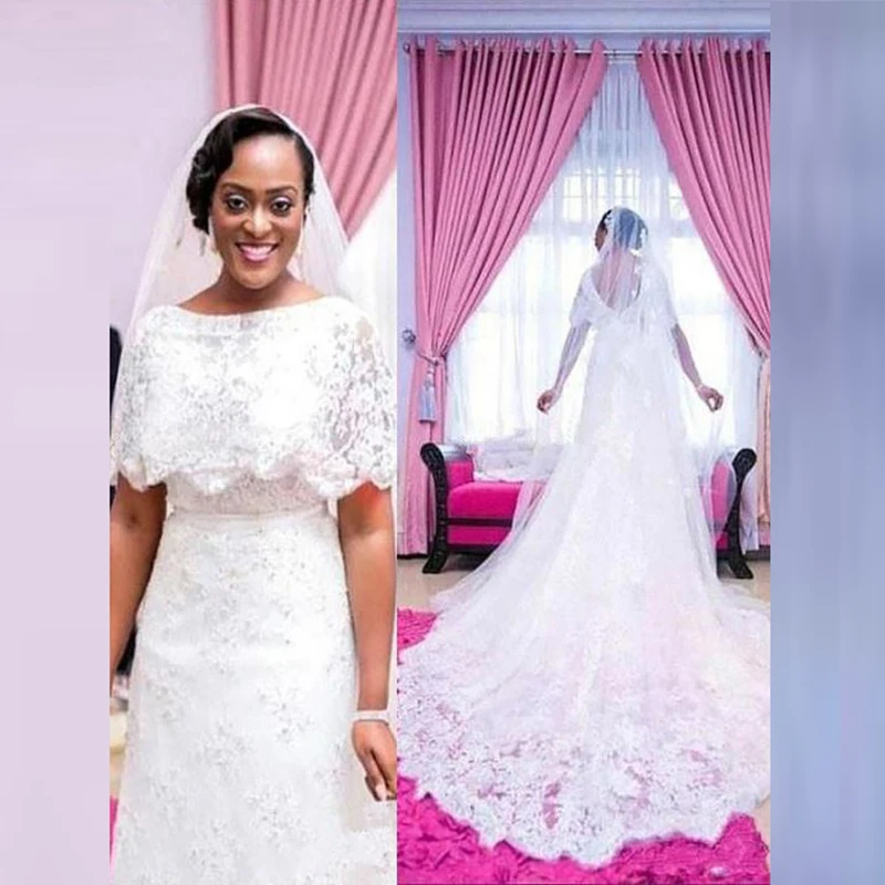 

Latest Charming African Lace A Line Bridal Wedding Dresses White Boat Neckline Backless Wedding Gowns for Bride Court Train
