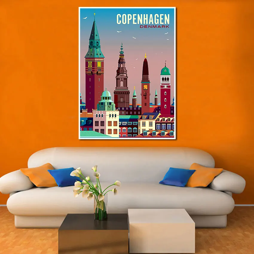 Копенгаген Дания город путешествия плакат мультфильм архитектура здание холст