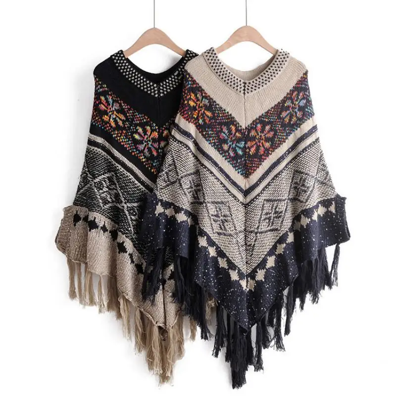 

Poncho Cape Women's Tassel Knitting Cloak Pullover 2021 Autumn New Female Colored national style Bohemian Capes Fashion Ponchos