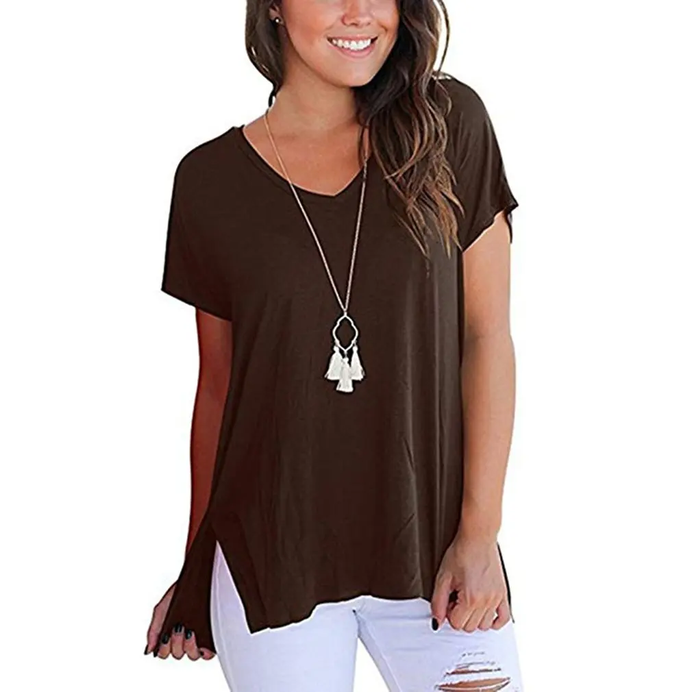 Women Loose Comfortable Hem Split Front Short Back Long Solid Color V-neck T-shirt Sleeves Summer | Женская одежда