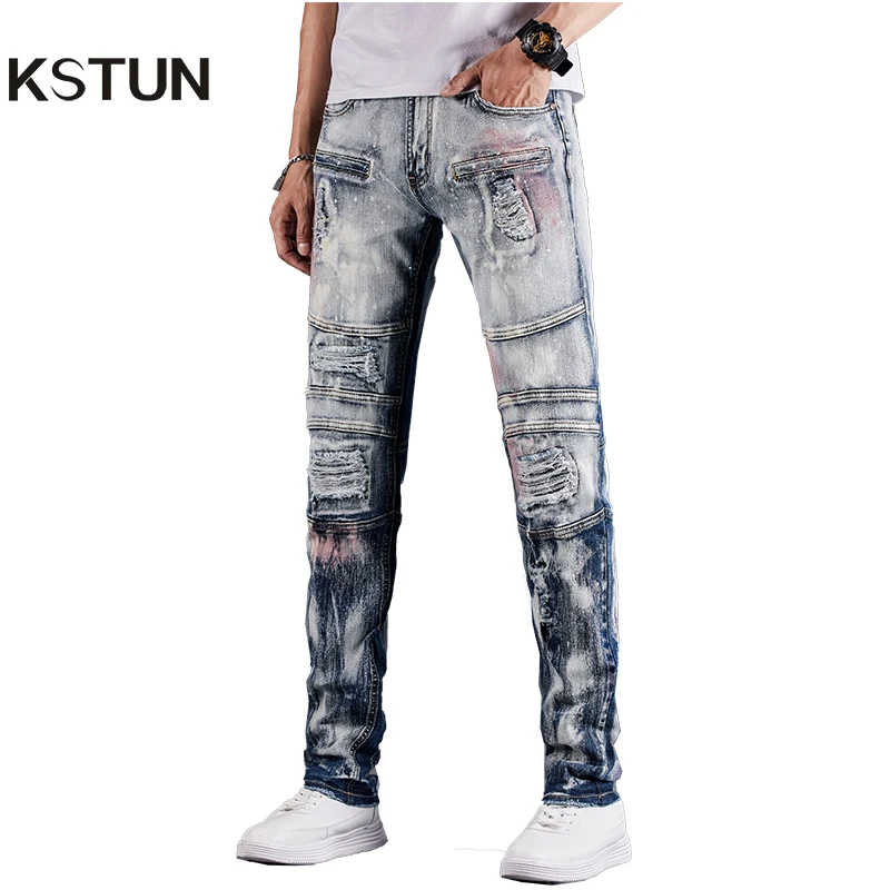 Мото &amp байкерские джинсы Для мужчин Feaded искусственно состаренные мужской