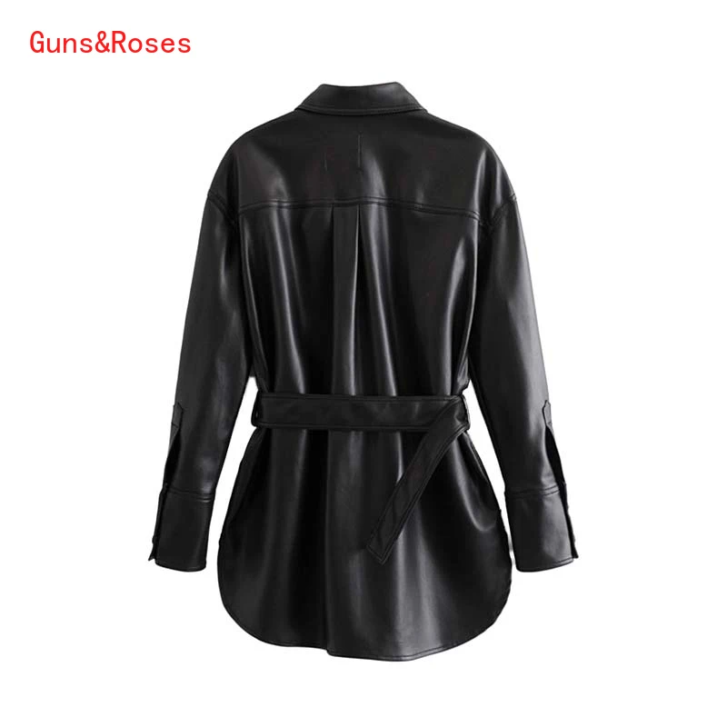 

Women's Spring Jackets 2021 Fashion PU Faux Leather With Belted Jacket Coat Vintage Long Sleeve Pockets Women Leather Jacket