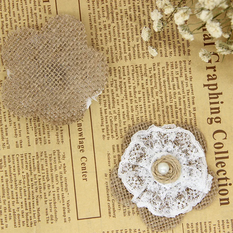 10 шт. 7 см Искусственные льняные кружевные цветы головки с жемчугом натуральный