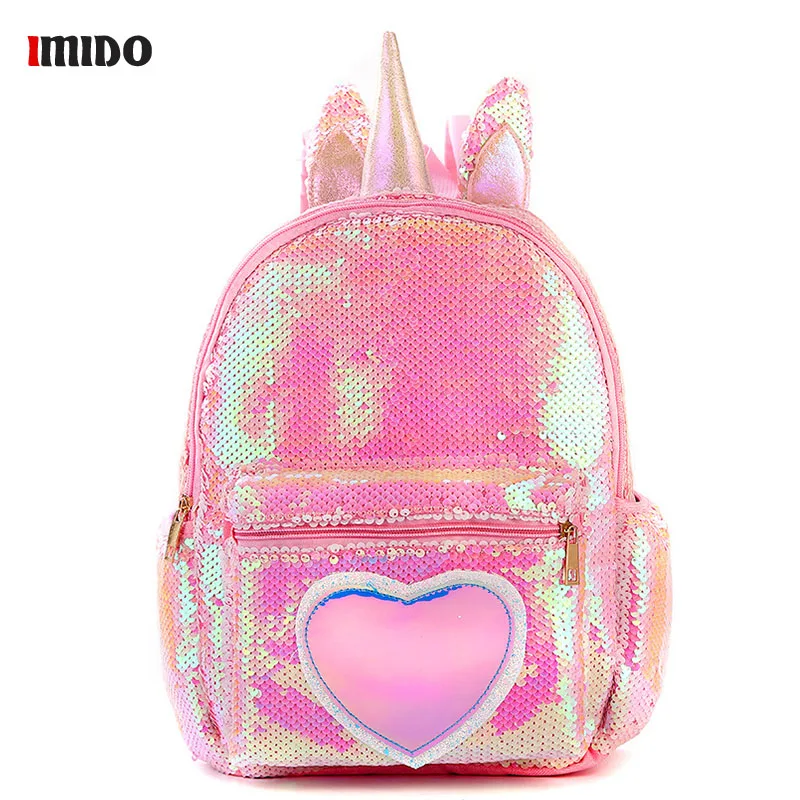 Студенческая сумка с рисунком единорога женский модный рюкзак блестящая на