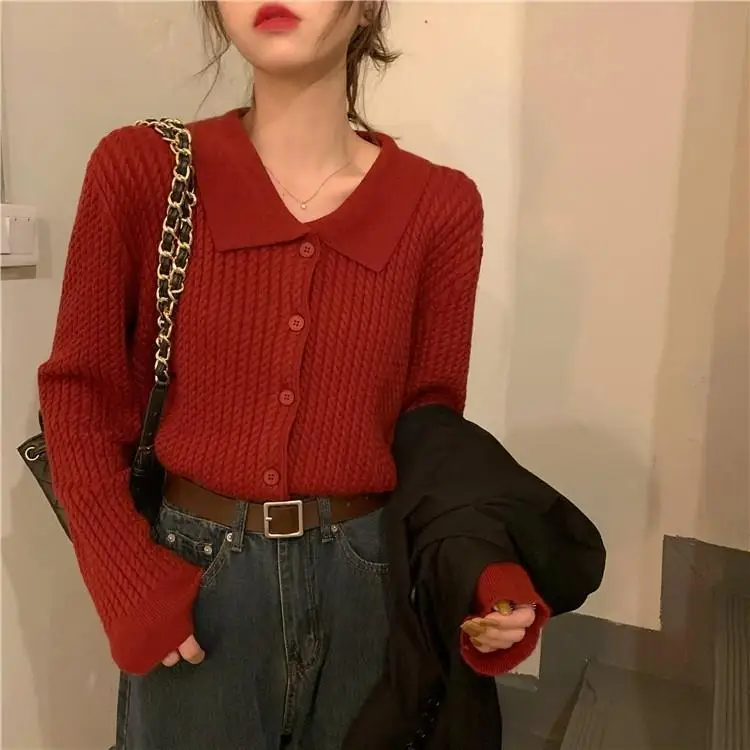 Women's Knitted Cardigan Korean Turn-down Collar Twist Striped Long Sleeves Loose Sweater Wholesale New Fashion Lady Clothing
