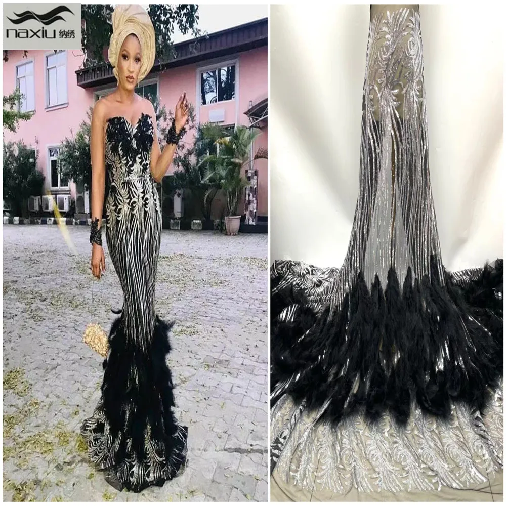 

Madison African 3D Feather Lace Fabric 2021 High Quality Lace Nigerian French Tulle Sequins Lace Fabrics For Party Dress