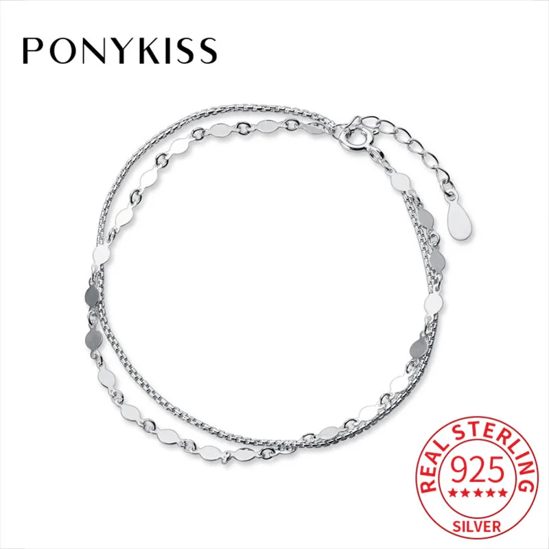 

PONYKISS Trendy S925 Sterling Silver Double Layer Round Chain Bracelets Women Anniversary Delicate Accessory Romantic Gift