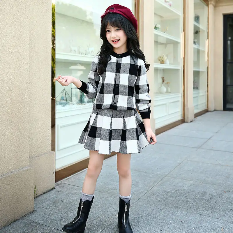 girls suit Детский спортивный костюм для девочек-подростков, комплект одежды для девочек, шерстяной костюм с юбкой в клетку, осенне-зимняя школьная одежда для девочек, детская одежда - Цвет: girls suit