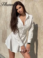 hbenna shirts dress women white long sleeve turn down collar button up slim mini party dress 2021 autumn ruched sexy streetwear