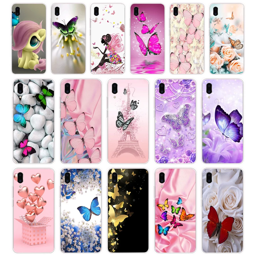 002FG Мягкий силиконовый чехол из ТПУ с красной бабочкой на белых розах для