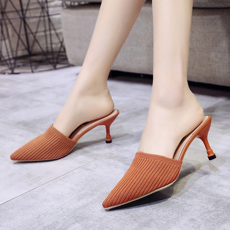 

Knit Mesh Breathable High Heels Mules Slippers Women 2021 Summer Shoes Women Pointed Toe Thin Heels Fashion Party Ladies Shoes