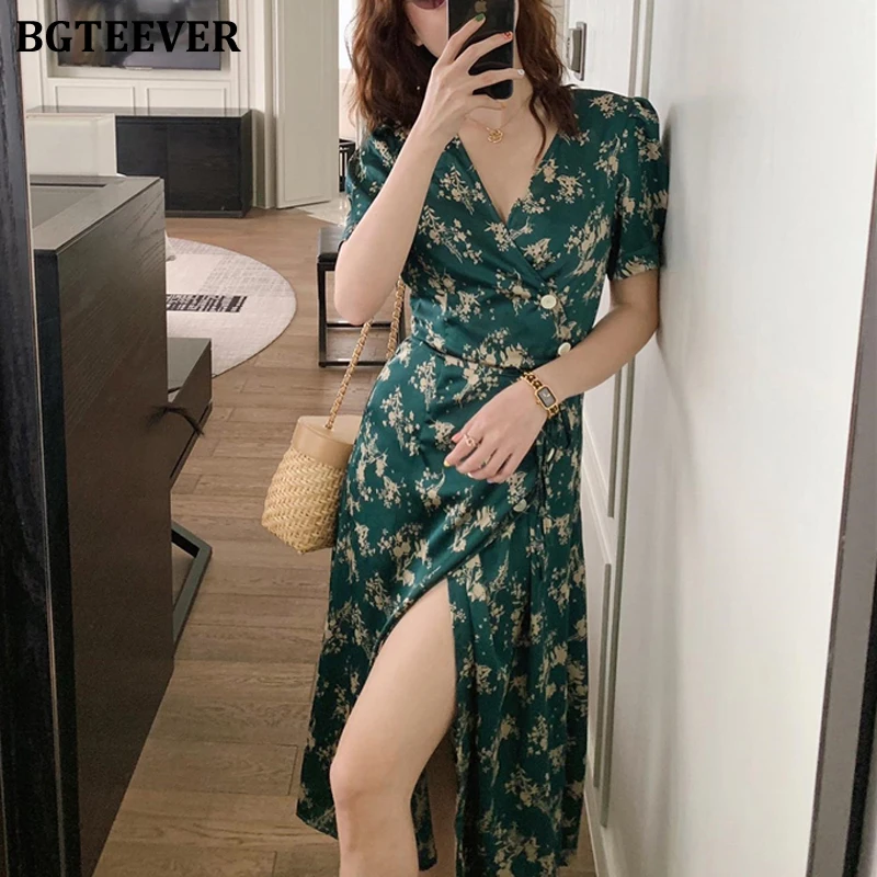 

Платье BGTEEVER женское Винтажное с V-образным вырезом и коротким рукавом, асимметричное вечернее зеленое платье-трапеция с разрезом, на пугови...