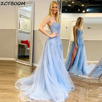light blue split a line prom dresses 2022 women formal party elegant vestidos de gala long appliques graduation evening gowns