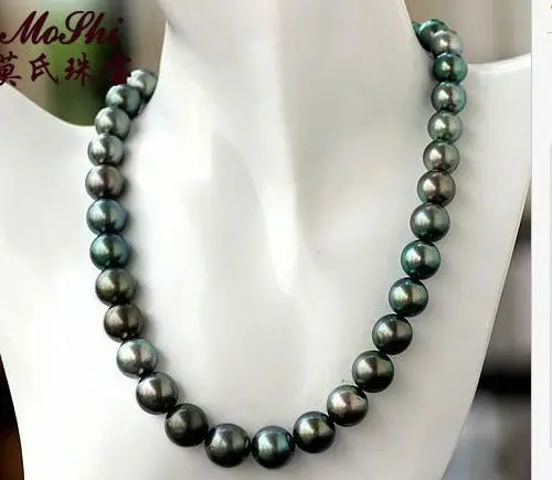 

stunning AAA11-12mm tahitian round black green pearl necklace 18inch