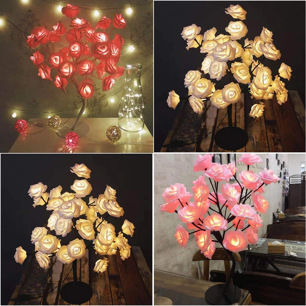 

24 LED Rose Flowers Table Lamps Desk Night Light Indoor Lighting Lamp Home Bedroom Decoration Wedding Party Ornaments Pink/White