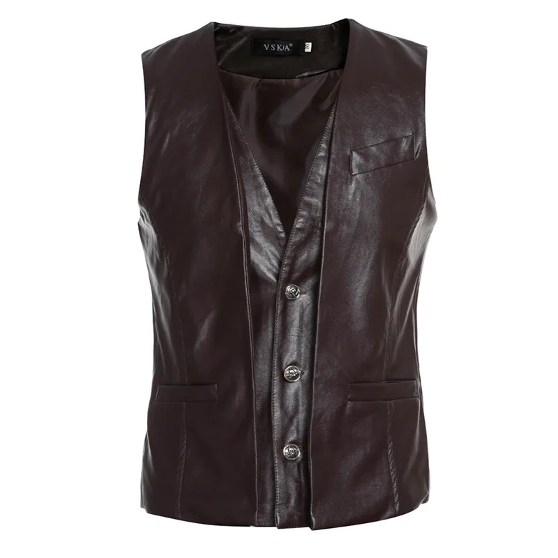 Men's Vest Retro Two-piece Design Male Casual Slim Leather Vest Fashion Sleeveless Jacket Coat For Men