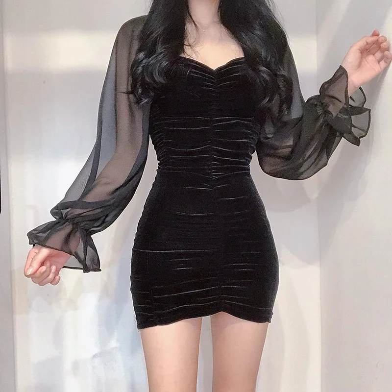 

Sexy Gothic Black Women V-Neck Splice Mesh Long Sleeve Folds Slim Mini Dress Female Dark Puff Sleeve Bodycon Dresses