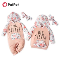 patpat letter and floral print splice hooded long sleeve sibling matching pink sets