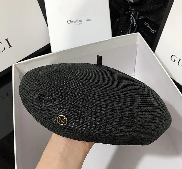 

2020 New Handmade Women Berets Female M Straw Hats For Spring Autumn Girl Flat Cap Knit Black Beret Gifts For Woman Wholesale