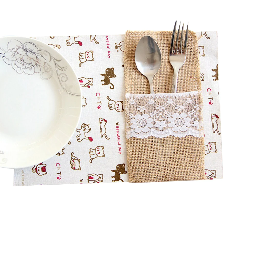 10 шт. Свадебные льняные мешочки для посуды столовых приборов кружево столовые