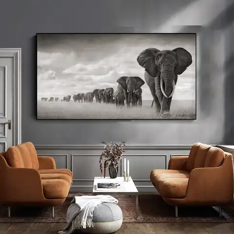 Черно-белые слоны в африканском стиле картина с рисунком животных Плакаты Плакат в скандинавском стиле печати сидя номера wall art изображения