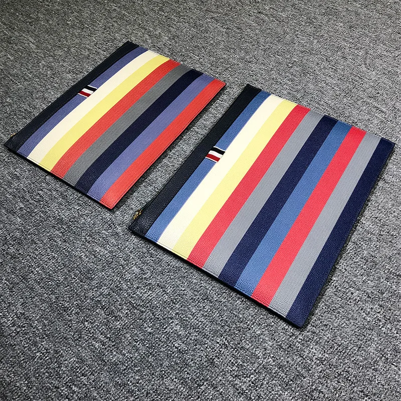 

TB THOM Fashion Briefcase Genuine Leather Messenger Bags Cowhide Rainbow Striped Casual Envelope Bag Men Women Hand Bags