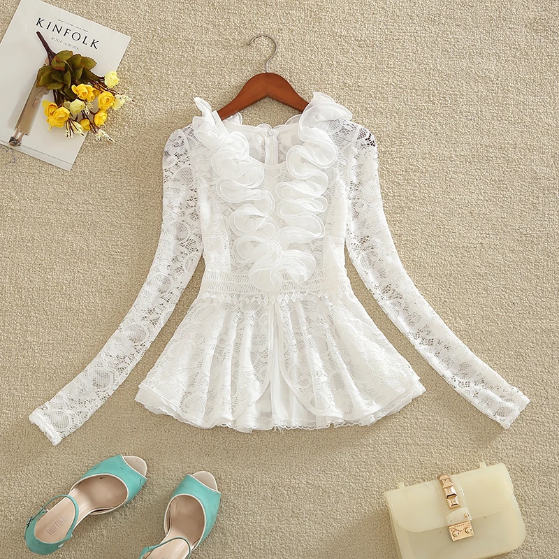 Новинка женская модная блузка на весну и осень милая кружевная рубашка с