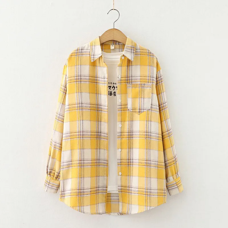 Блузка женская клетчатая с длинным рукавом свободного покроя на весну/осень