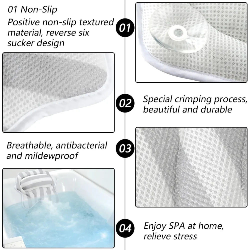 Bathroom Pillow Neck Support Anti-Slip Belt 6 Powerful Suction Cups 3D Mesh Mold Design Bath Pillows Waterproof and Quick Dry
