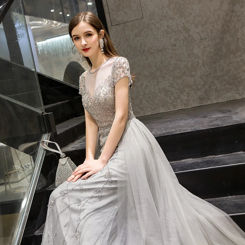 Серебристые вечерние платья с короткими рукавами 2020 сексуальные прозрачные