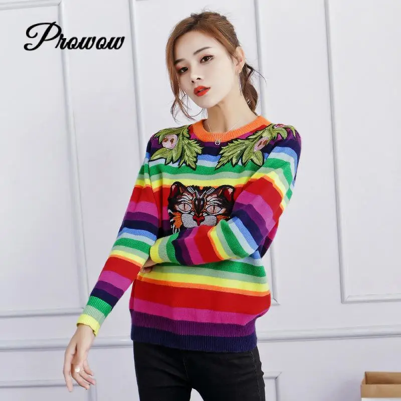 

2022 Women Sweater Rainbow Striped Unisex Runway Floral Letters Embroidery Tiger Wool Pullovers Knitted Pullover Tops Vestidos