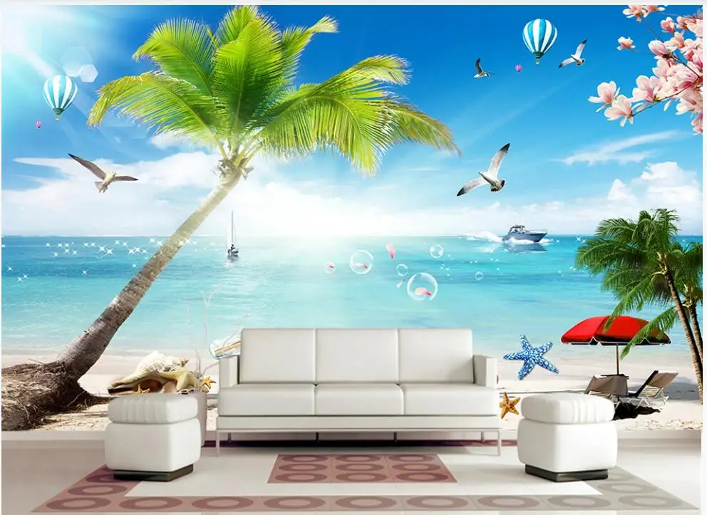 

3d wallpaper custom photo Seaside coconut tree blue sky white cloud beach scenery decor 3d wall murals wallpaper for walls 3 d