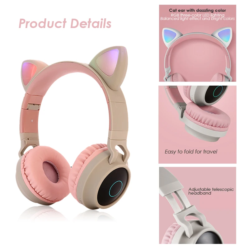 Cute Cat Ear Headset LED Wireless Bluetooth-Compatible Headphones with Mic Glowing Earphones for Children Gifts daughters girls |
