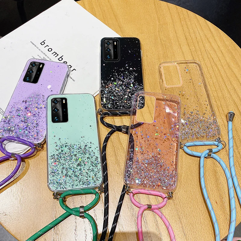 

Luxury Cute Bling Glitter Lanyard Silicone Phone Case For Huawei P40 P30 P20 P10 Lite Pro Honor 9X 20 Ultra-thin Necklace Cover