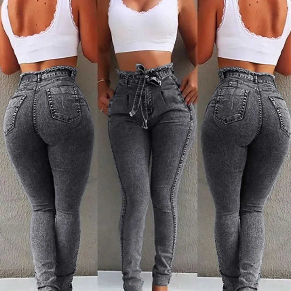 Cysincos New Women High Waist Jeans Plus Size Woman Slim Stretch Denim Jean Bodycon Tassel Belt Bandage Skinny Push Up | Женская одежда