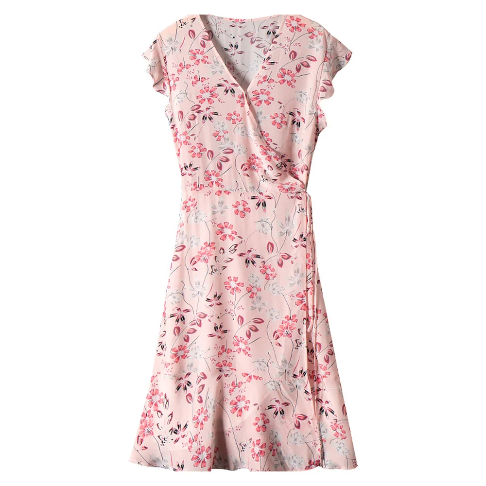 

Special Price Broken Flower Tea Xie Skirt Real Silk Dress Women's 100 Mulberry Silk Wrapped Short Sleeve A-line Skirt In Summer